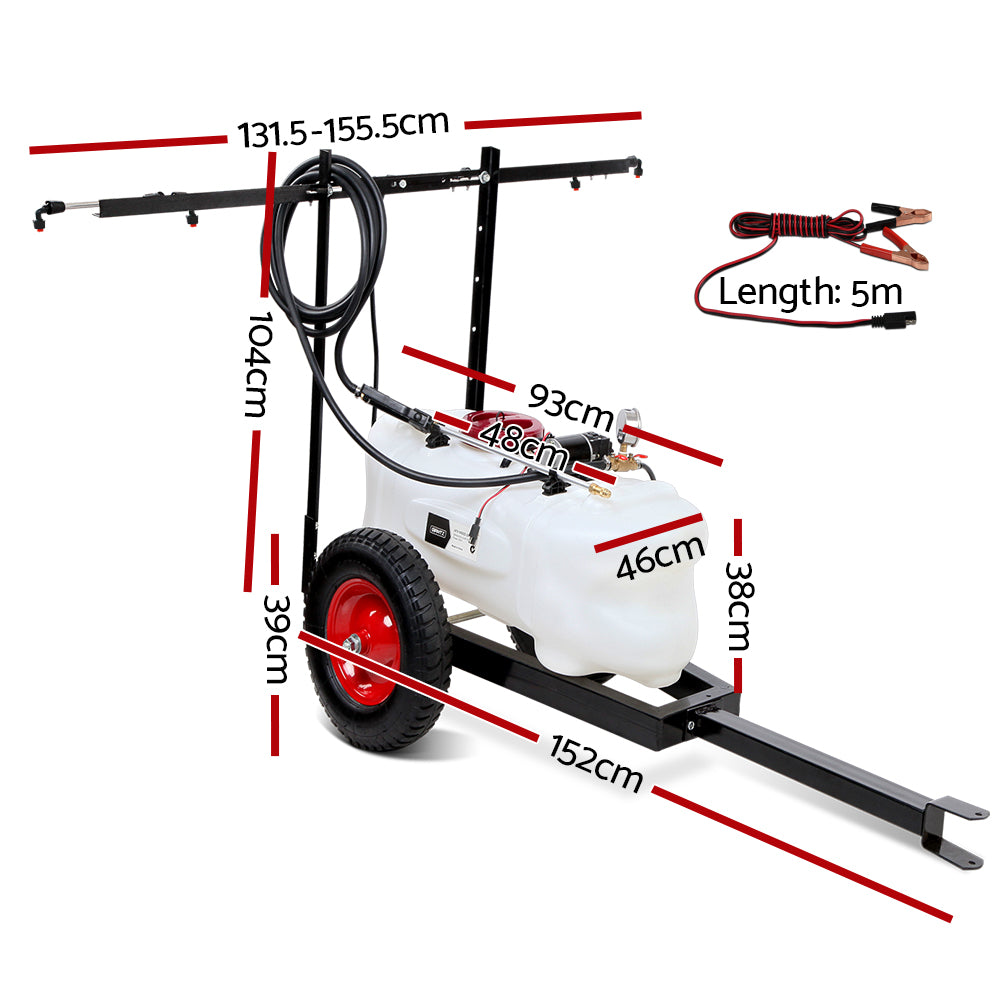 A white Giantz Weed Sprayer 100L Trailer 1.5M Boom Garden Spray consisting of a large tank, red wheels, black hoses, and a pressure gauge. It's mounted on a metal frame with an adjustable boom rack for dispensing the liquid. The long handle suggests it can be pulled for use. Ideal as an ATV Weed Sprayer.