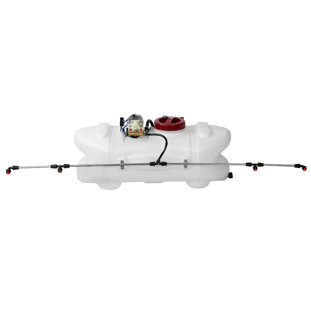 A white Giantz Weed Sprayer 100L Trailer 1.5M Boom Garden Spray consisting of a large tank, red wheels, black hoses, and a pressure gauge. It's mounted on a metal frame with an adjustable boom rack for dispensing the liquid. The long handle suggests it can be pulled for use. Ideal as an ATV Weed Sprayer.