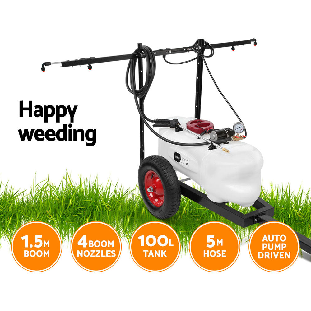 A white Giantz Weed Sprayer 100L Trailer 1.5M Boom Garden Spray consisting of a large tank, red wheels, black hoses, and a pressure gauge. It's mounted on a metal frame with an adjustable boom rack for dispensing the liquid. The long handle suggests it can be pulled for use. Ideal as an ATV Weed Sprayer.