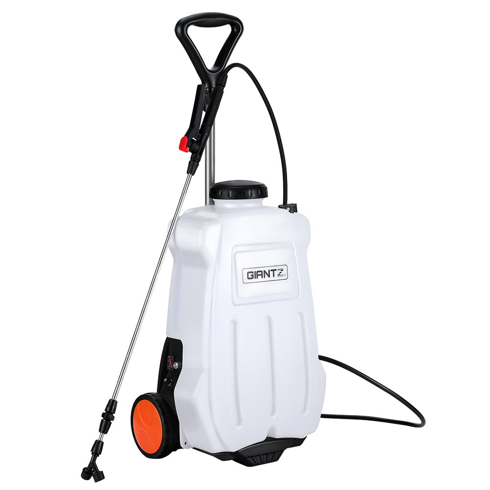 A portable white spray pump with "GIANTZ" branded on the front, it boasts a 20L capacity. Featuring a wheeled base, black handle, long metal spray wand, and attached hose, with an orange accent near the wheels. The Giantz Weed Sprayer Electric 20L Backpack Trolley appears suitable for outdoor use.