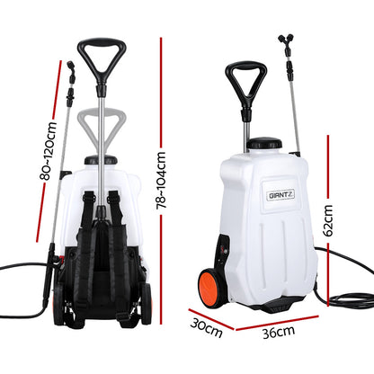 A portable white spray pump with "GIANTZ" branded on the front, it boasts a 20L capacity. Featuring a wheeled base, black handle, long metal spray wand, and attached hose, with an orange accent near the wheels. The Giantz Weed Sprayer Electric 20L Backpack Trolley appears suitable for outdoor use.