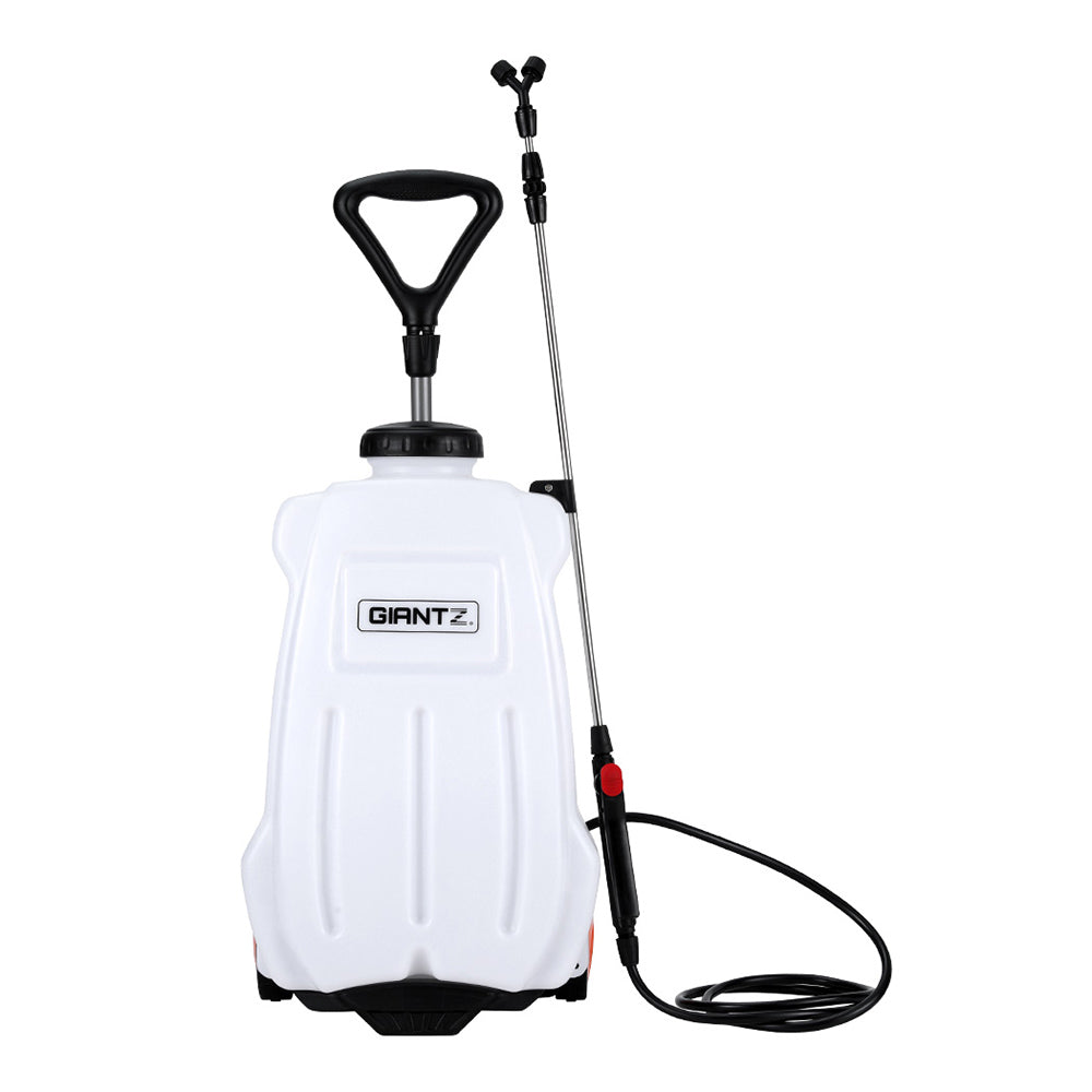 A portable white spray pump with "GIANTZ" branded on the front, it boasts a 20L capacity. Featuring a wheeled base, black handle, long metal spray wand, and attached hose, with an orange accent near the wheels. The Giantz Weed Sprayer Electric 20L Backpack Trolley appears suitable for outdoor use.