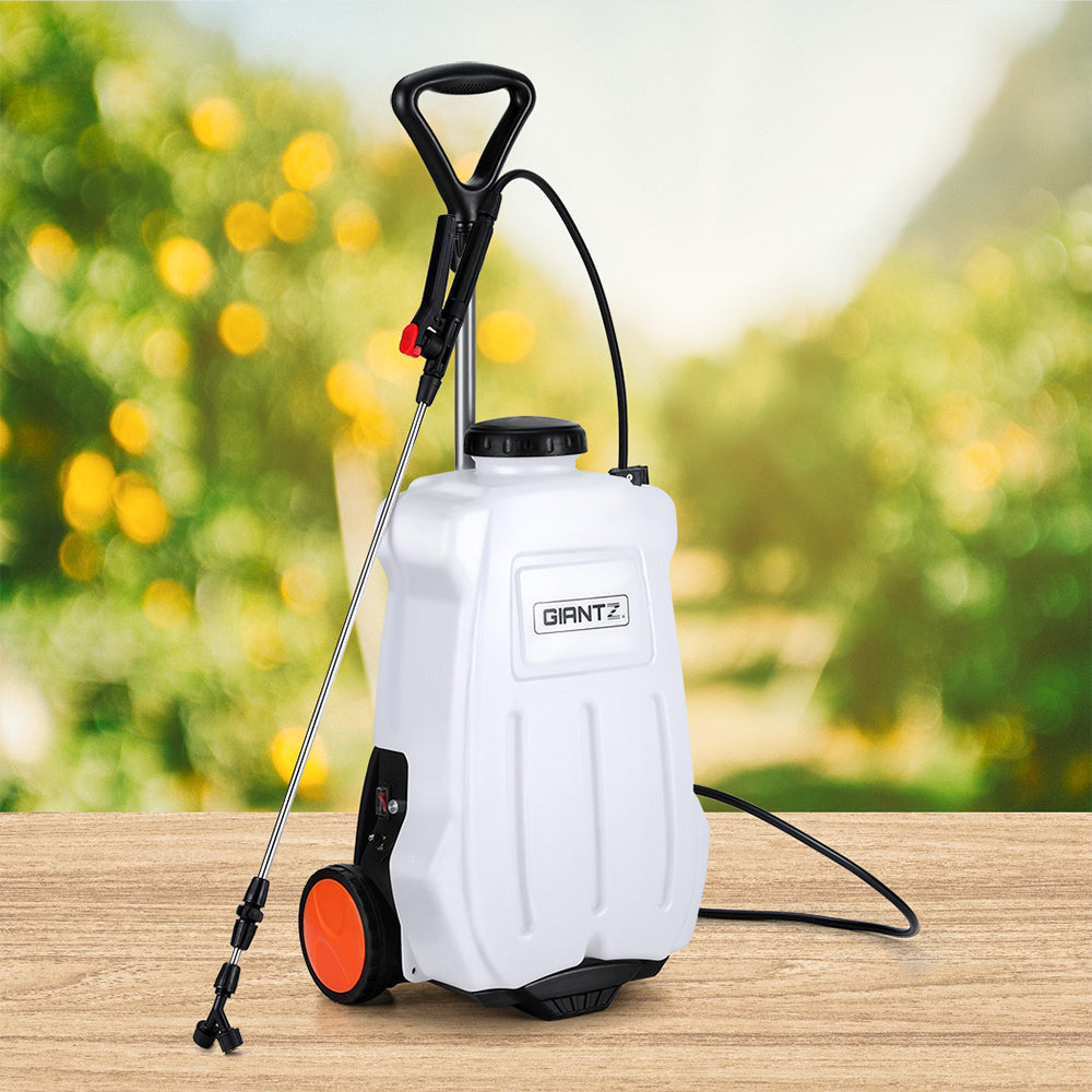 A portable white spray pump with "GIANTZ" branded on the front, it boasts a 20L capacity. Featuring a wheeled base, black handle, long metal spray wand, and attached hose, with an orange accent near the wheels. The Giantz Weed Sprayer Electric 20L Backpack Trolley appears suitable for outdoor use.