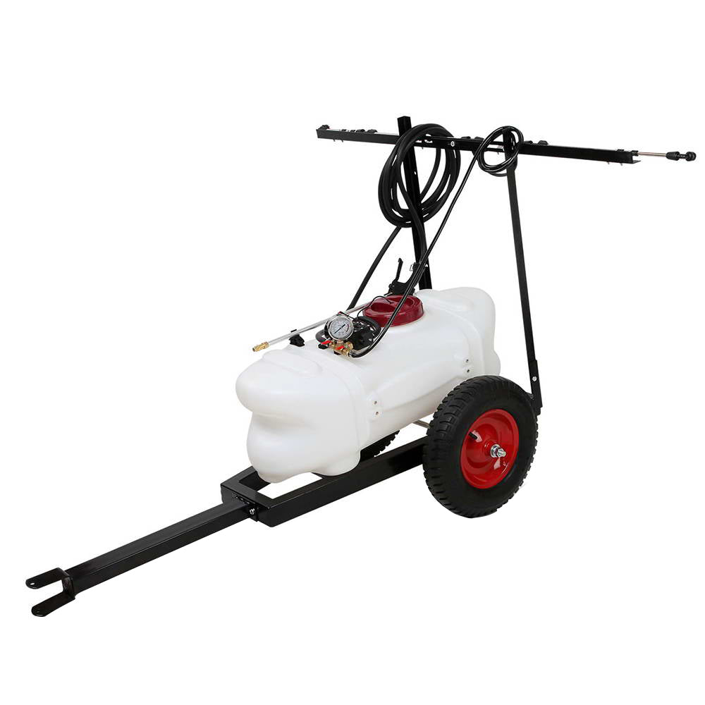 Image of a heavy-duty trailer-mounted white pull-behind lawn sprayer with a red wheeled frame. It features a large white tank, black spray arms, and coiled hoses attached to a 12V pump. The Giantz Weed Sprayer 60L Trailer 1.5M Boom Garden Spray is designed for attachment to a vehicle for easy application of lawn treatments.