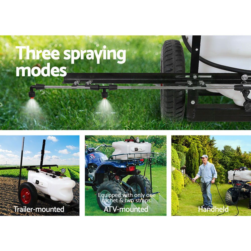 Image of a heavy-duty trailer-mounted white pull-behind lawn sprayer with a red wheeled frame. It features a large white tank, black spray arms, and coiled hoses attached to a 12V pump. The Giantz Weed Sprayer 60L Trailer 1.5M Boom Garden Spray is designed for attachment to a vehicle for easy application of lawn treatments.