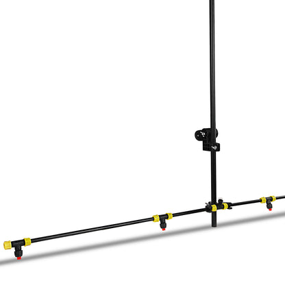 A black and yellow Giantz Weed Sprayer 1.5M Boom 70/100L Garden Spray with multiple adjustable nozzles on a horizontal pipe connected to a vertical pipe. This weed sprayer setup, which can easily be used as an ATV mount, allows for even distribution of water or chemicals over a wide area. The shadows indicate it is propped up.