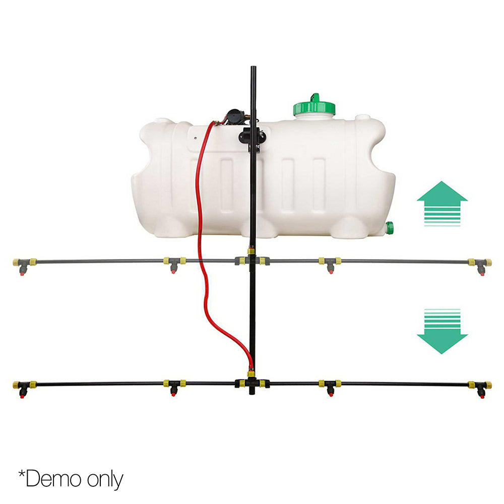 A black and yellow Giantz Weed Sprayer 1.5M Boom 70/100L Garden Spray with multiple adjustable nozzles on a horizontal pipe connected to a vertical pipe. This weed sprayer setup, which can easily be used as an ATV mount, allows for even distribution of water or chemicals over a wide area. The shadows indicate it is propped up.