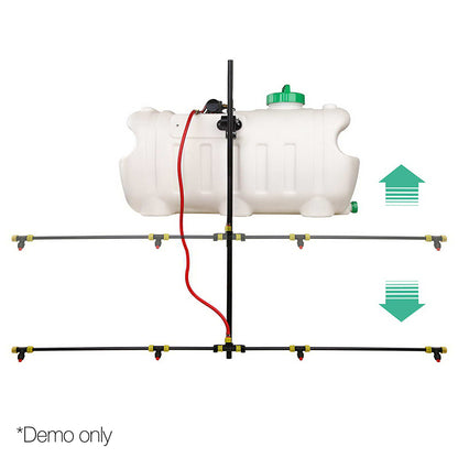 A black and yellow Giantz Weed Sprayer 1.5M Boom 70/100L Garden Spray with multiple adjustable nozzles on a horizontal pipe connected to a vertical pipe. This weed sprayer setup, which can easily be used as an ATV mount, allows for even distribution of water or chemicals over a wide area. The shadows indicate it is propped up.