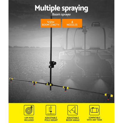 A black and yellow Giantz Weed Sprayer 1.5M Boom 70/100L Garden Spray with multiple adjustable nozzles on a horizontal pipe connected to a vertical pipe. This weed sprayer setup, which can easily be used as an ATV mount, allows for even distribution of water or chemicals over a wide area. The shadows indicate it is propped up.