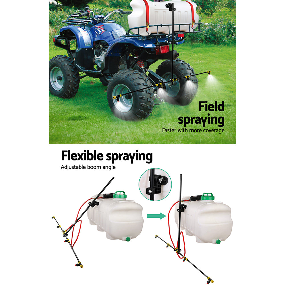 A black and yellow Giantz Weed Sprayer 1.5M Boom 70/100L Garden Spray with multiple adjustable nozzles on a horizontal pipe connected to a vertical pipe. This weed sprayer setup, which can easily be used as an ATV mount, allows for even distribution of water or chemicals over a wide area. The shadows indicate it is propped up.