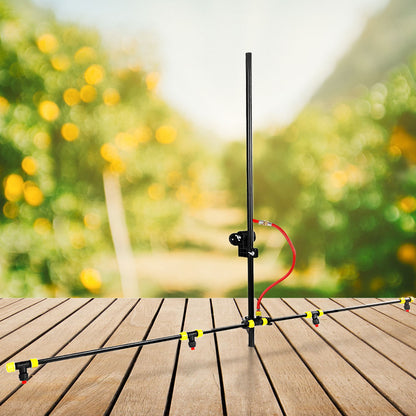 A black and yellow Giantz Weed Sprayer 1.5M Boom 70/100L Garden Spray with multiple adjustable nozzles on a horizontal pipe connected to a vertical pipe. This weed sprayer setup, which can easily be used as an ATV mount, allows for even distribution of water or chemicals over a wide area. The shadows indicate it is propped up.