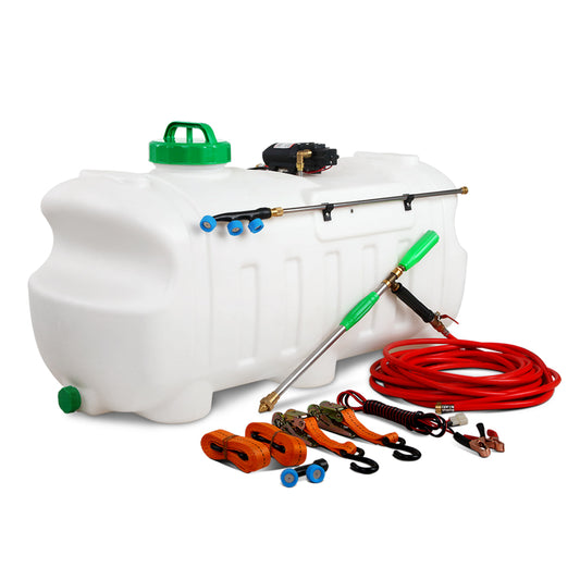 Image of a white Giantz Weed Sprayer 100L Garden Spray tank with a green lid, including an attached wand and nozzle. Surrounding the tank is an assortment of accessories such as red hoses, orange straps, and metal clamps. This sprayer also features an 80 PSI weed sprayer and a self-priming pump for efficient use.