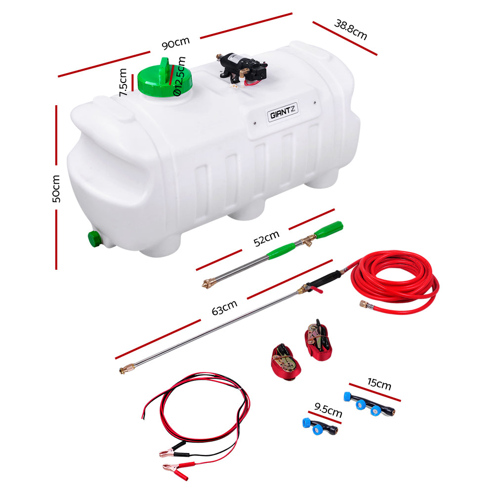 Image of a white Giantz Weed Sprayer 100L Garden Spray tank with a green lid, including an attached wand and nozzle. Surrounding the tank is an assortment of accessories such as red hoses, orange straps, and metal clamps. This sprayer also features an 80 PSI weed sprayer and a self-priming pump for efficient use.