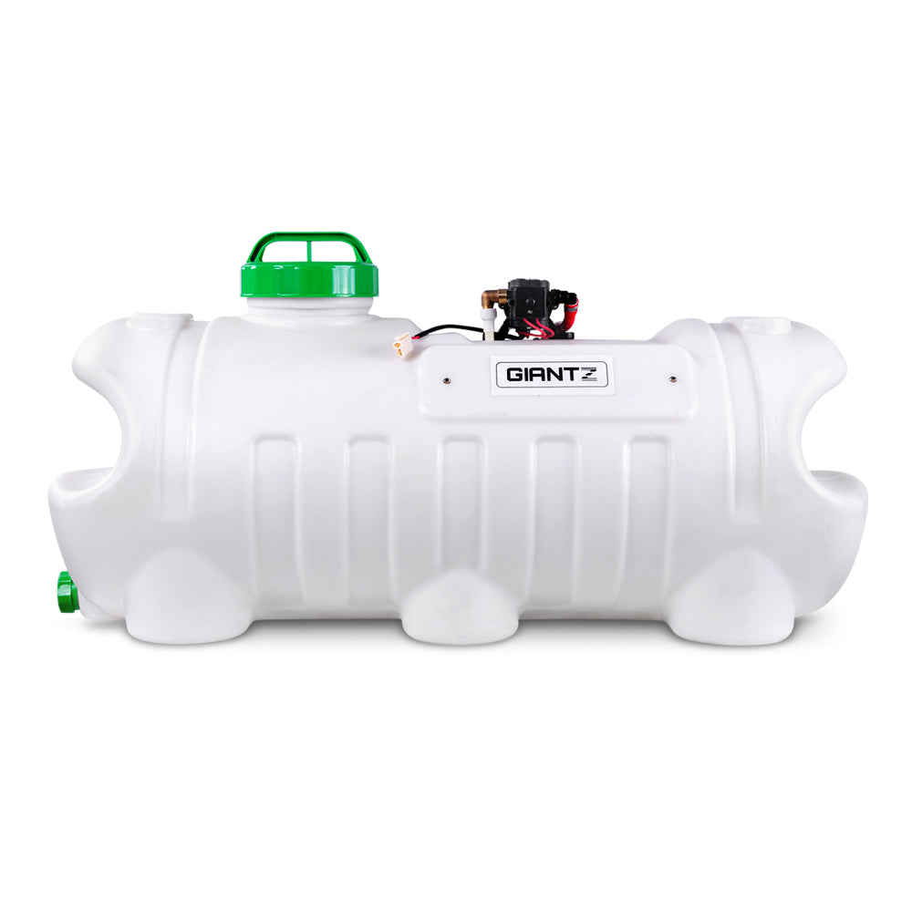 Image of a white Giantz Weed Sprayer 100L Garden Spray tank with a green lid, including an attached wand and nozzle. Surrounding the tank is an assortment of accessories such as red hoses, orange straps, and metal clamps. This sprayer also features an 80 PSI weed sprayer and a self-priming pump for efficient use.