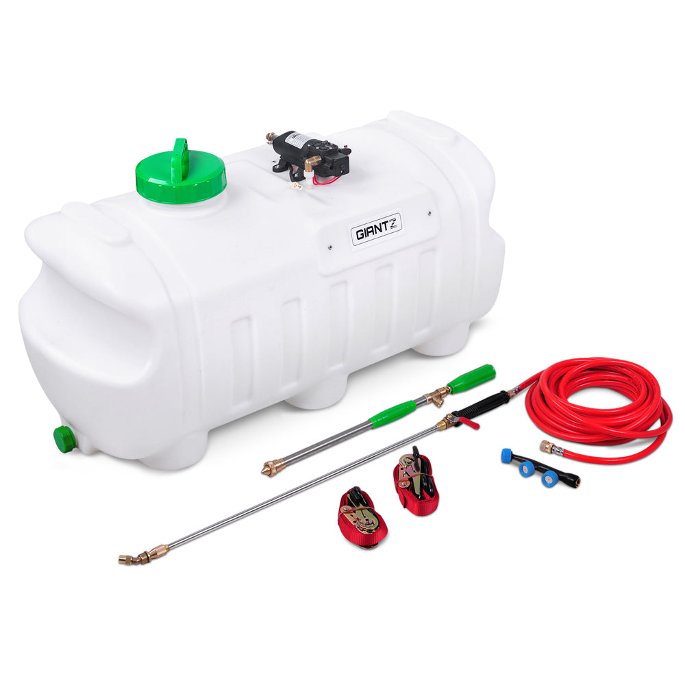 Image of a white Giantz Weed Sprayer 100L Garden Spray tank with a green lid, including an attached wand and nozzle. Surrounding the tank is an assortment of accessories such as red hoses, orange straps, and metal clamps. This sprayer also features an 80 PSI weed sprayer and a self-priming pump for efficient use.