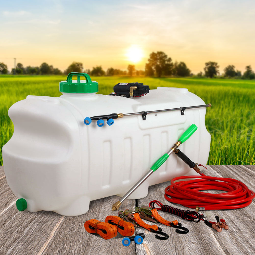 Image of a white Giantz Weed Sprayer 100L Garden Spray tank with a green lid, including an attached wand and nozzle. Surrounding the tank is an assortment of accessories such as red hoses, orange straps, and metal clamps. This sprayer also features an 80 PSI weed sprayer and a self-priming pump for efficient use.