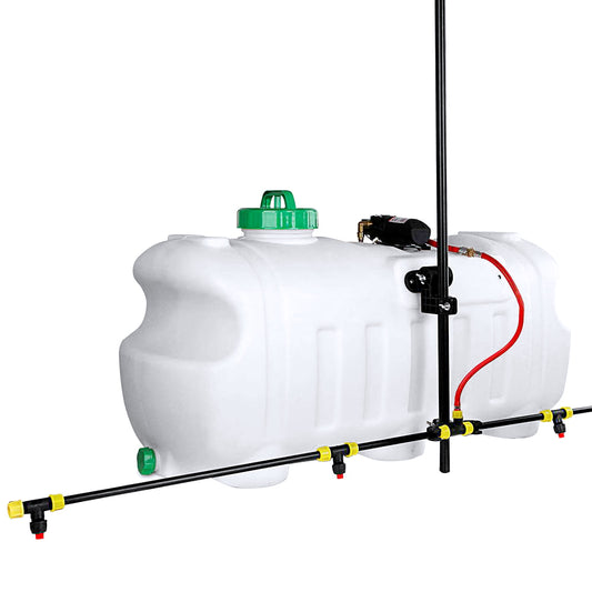 A white plastic tank with a green cap and 100-litre capacity is part of this Giantz Weed Sprayer 100L 1.5M Boom Garden Spray system. Attached to the tank is a red hose and a black motor. The system features an adjustable multi-nozzle boom with a long black spray bar, designed for evenly distributing liquid across wide areas.