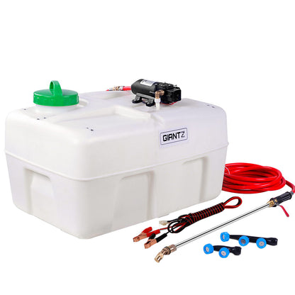 A white plastic water tank with a green cap, "GIANTZ" logo, and a self-priming pump. Equipped with red and black hoses, a spray gun, and various nozzles, it also boasts a powerful 80 PSI capability. This Giantz Weed Sprayer 50L Garden Spray is perfect for all your spraying needs.