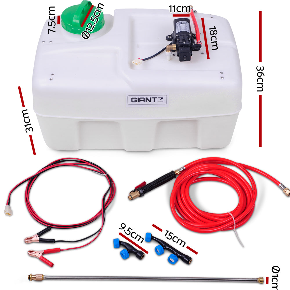 A white plastic water tank with a green cap, "GIANTZ" logo, and a self-priming pump. Equipped with red and black hoses, a spray gun, and various nozzles, it also boasts a powerful 80 PSI capability. This Giantz Weed Sprayer 50L Garden Spray is perfect for all your spraying needs.