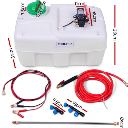 A white plastic water tank with a green cap, "GIANTZ" logo, and a self-priming pump. Equipped with red and black hoses, a spray gun, and various nozzles, it also boasts a powerful 80 PSI capability. This Giantz Weed Sprayer 50L Garden Spray is perfect for all your spraying needs.