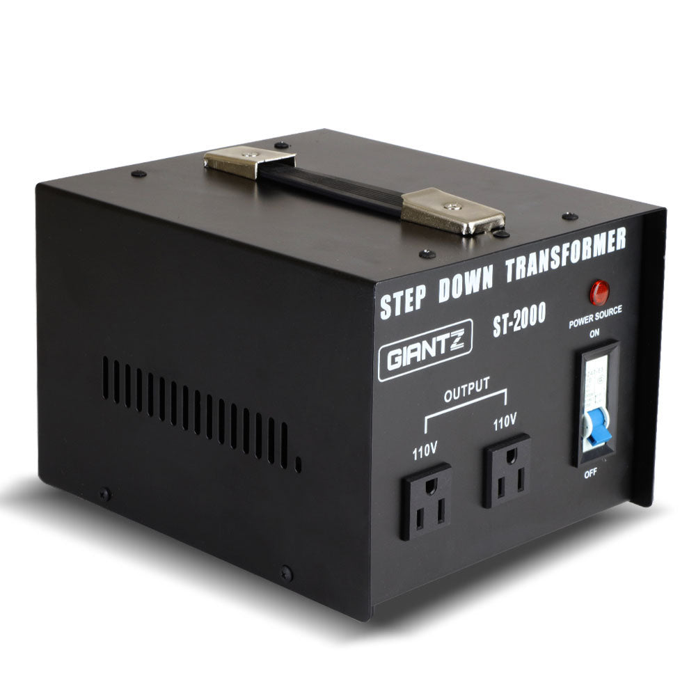 An image of a Giantz 2000 Watt Step Down Transformer, placed on a blue surface. The text highlights features like low heat generation, low noise, portability, and pure sine output. With its 2000 watt capacity and the tagline "Hassle-free conversion," it ensures safe and easy voltage conversion.