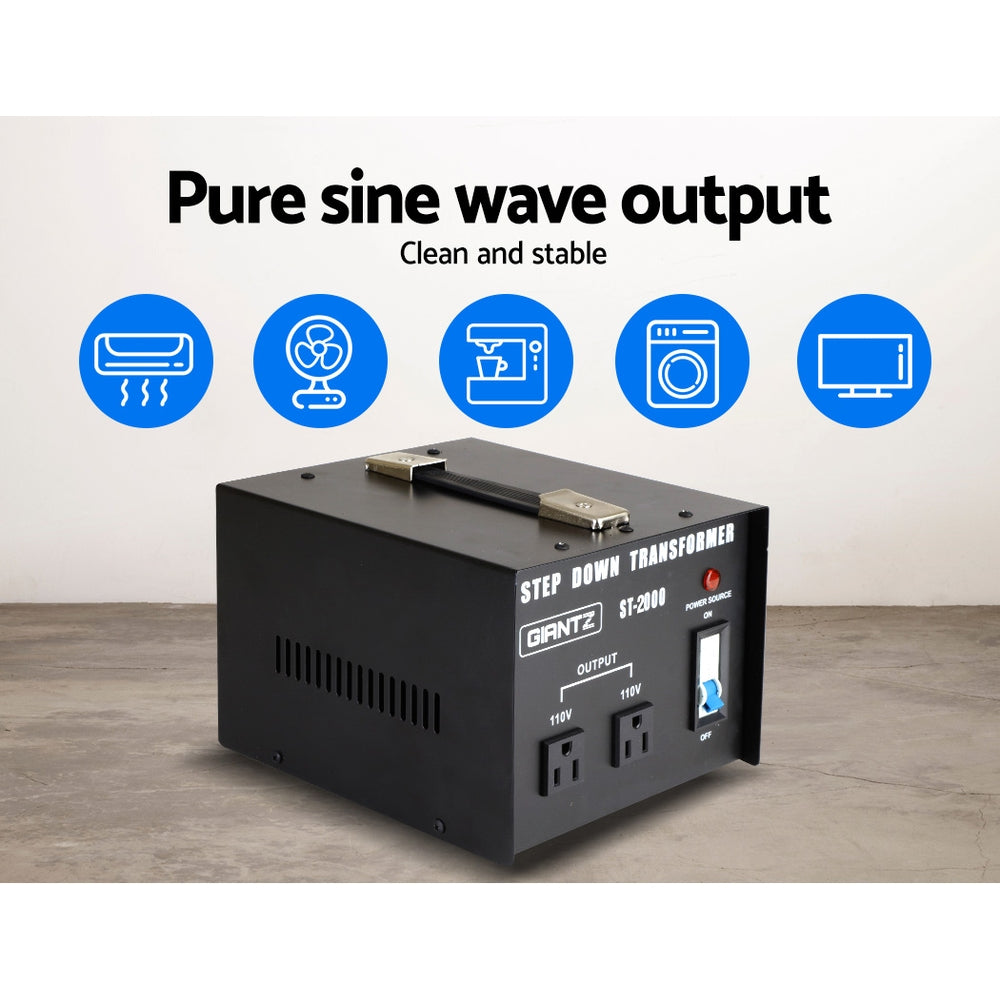 An image of a Giantz 2000 Watt Step Down Transformer, placed on a blue surface. The text highlights features like low heat generation, low noise, portability, and pure sine output. With its 2000 watt capacity and the tagline "Hassle-free conversion," it ensures safe and easy voltage conversion.