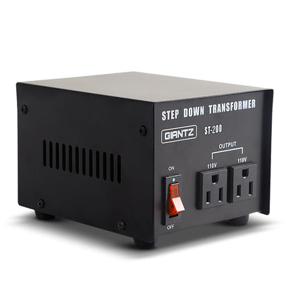 Image of a black Giantz Step Down Transformer 200W 240V TO 110V Stepdown Voltage Converter AU-US with the model number "ST-200" displayed. It has an on/off switch, two 110V output sockets, and features such as low heat generation, low noise, bonus fuse, pure sine output, and converts 240V to 110V written around it.