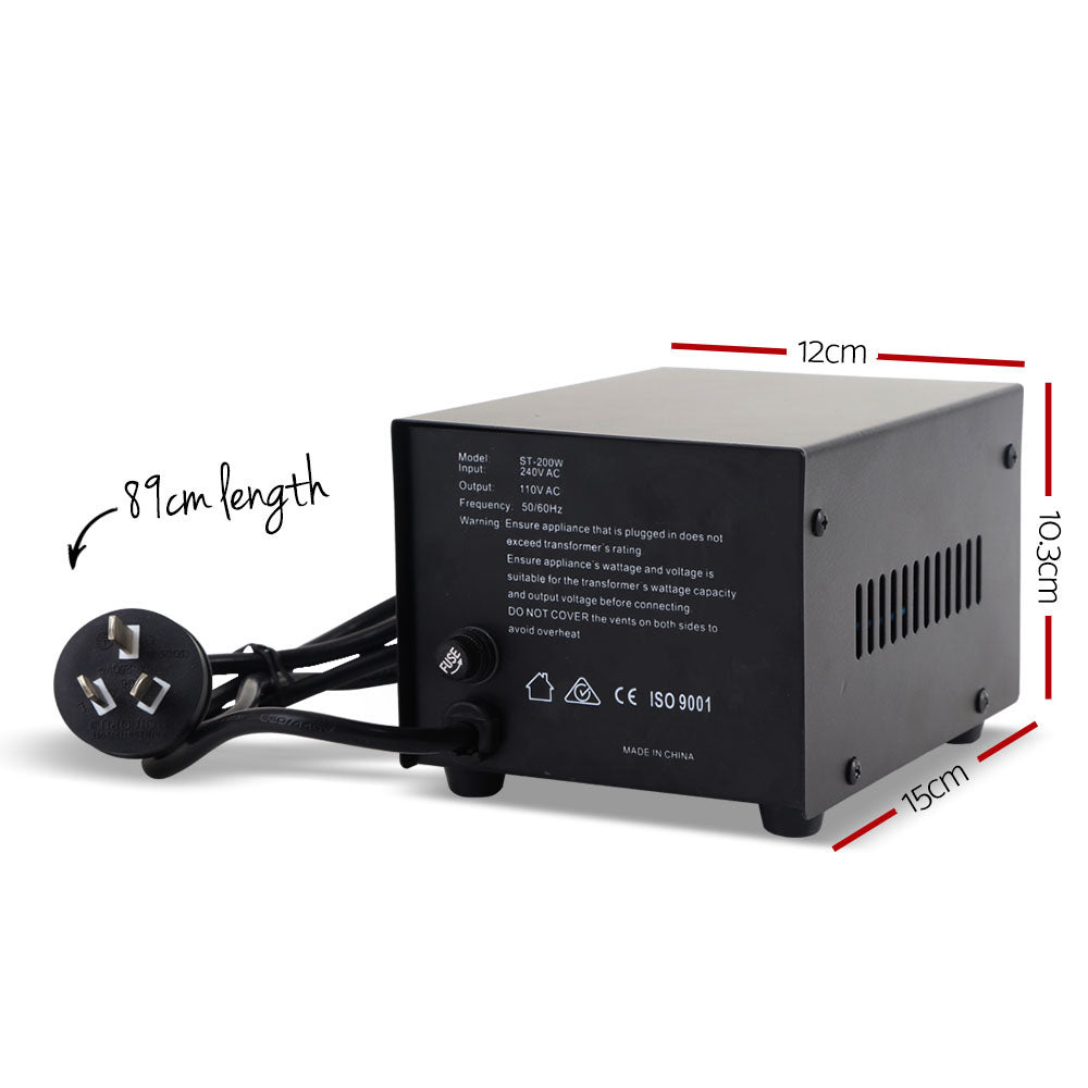 Image of a black Giantz Step Down Transformer 200W 240V TO 110V Stepdown Voltage Converter AU-US with the model number "ST-200" displayed. It has an on/off switch, two 110V output sockets, and features such as low heat generation, low noise, bonus fuse, pure sine output, and converts 240V to 110V written around it.