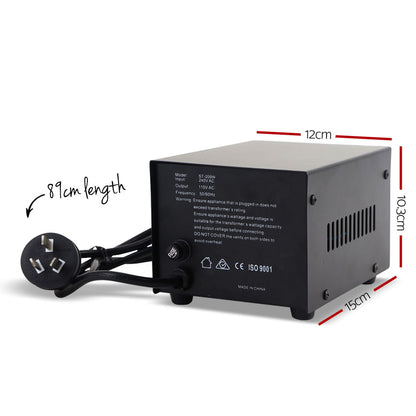 Image of a black Giantz Step Down Transformer 200W 240V TO 110V Stepdown Voltage Converter AU-US with the model number "ST-200" displayed. It has an on/off switch, two 110V output sockets, and features such as low heat generation, low noise, bonus fuse, pure sine output, and converts 240V to 110V written around it.