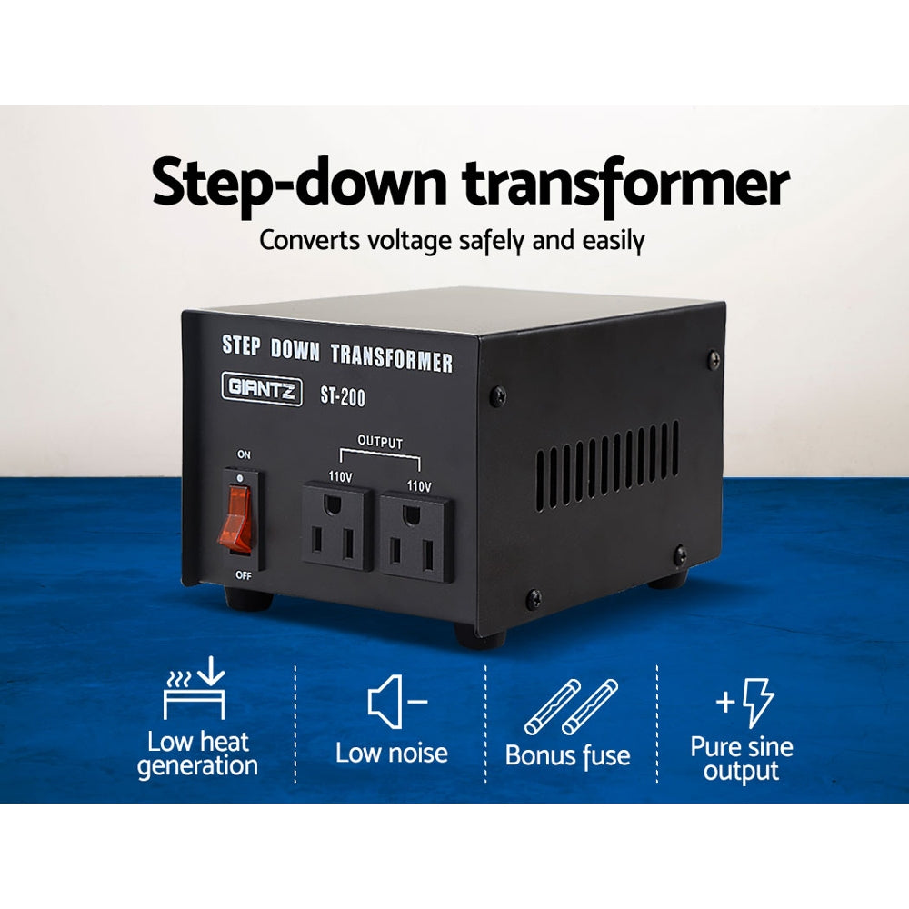 Image of a black Giantz Step Down Transformer 200W 240V TO 110V Stepdown Voltage Converter AU-US with the model number "ST-200" displayed. It has an on/off switch, two 110V output sockets, and features such as low heat generation, low noise, bonus fuse, pure sine output, and converts 240V to 110V written around it.