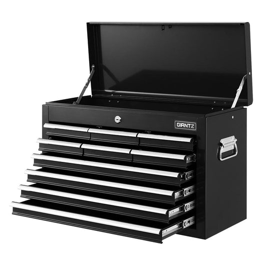 A black Giantz 10 Drawer Tool Box Cabinet Chest Toolbox Storage Garage Organiser Black with the lid open, revealing two rows of metal-handled drawers. There are three smaller drawers in the top row and four larger drawers in the bottom row. The durable steel construction and secure lock system ensure your tools stay safe, with "GIANTZ" displayed on the upper right corner.