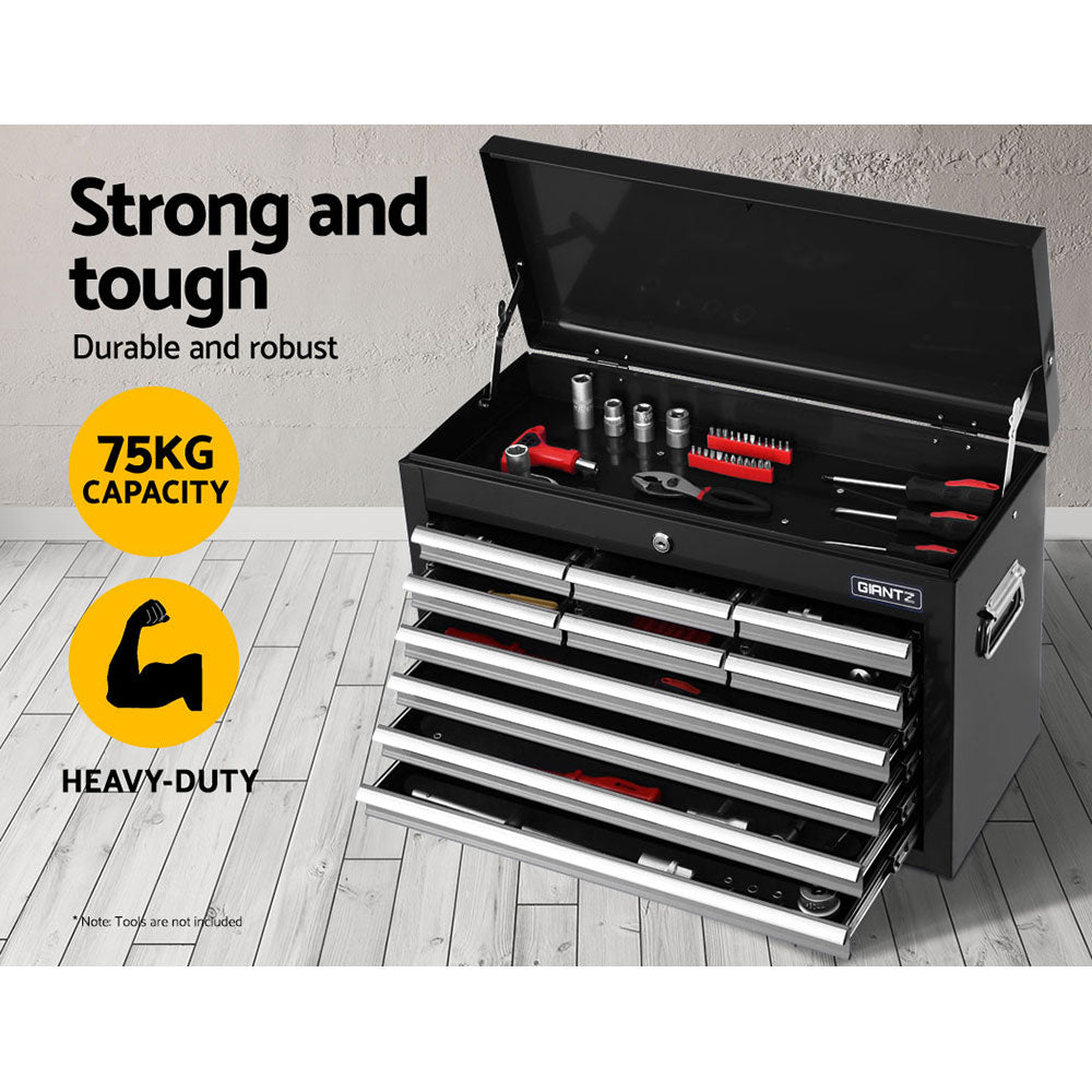 A Giantz 10 Drawer Tool Box Cabinet Chest Toolbox Storage Garage Organiser Grey is shown. The lid is open, revealing additional storage space. There are sturdy metal handles on both sides for carrying, and the chest has a shiny, sleek finish—truly a workshop essential.