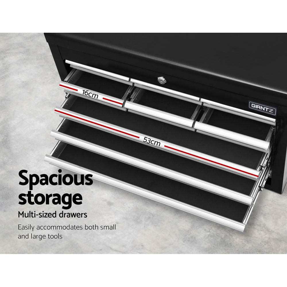 A Giantz 10 Drawer Tool Box Cabinet Chest Toolbox Storage Garage Organiser Grey is shown. The lid is open, revealing additional storage space. There are sturdy metal handles on both sides for carrying, and the chest has a shiny, sleek finish—truly a workshop essential.