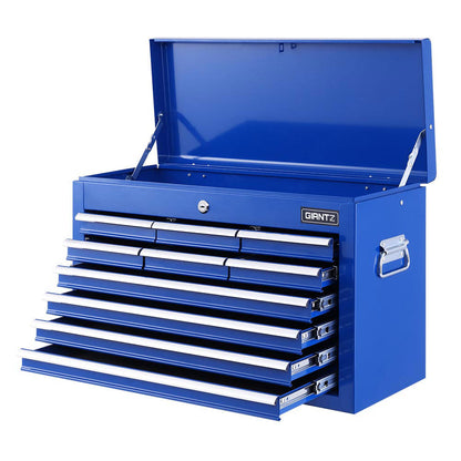 A blue, durable steel Giantz 10 Drawer Tool Box Cabinet Chest Toolbox Storage Garage Organiser Blue features multiple open drawers with ball-bearing slides. The chest includes a lock in the center, carrying handles on each side, and prominently displays the brand name "GIANTZ" on the front. The lid is open, revealing additional storage space.