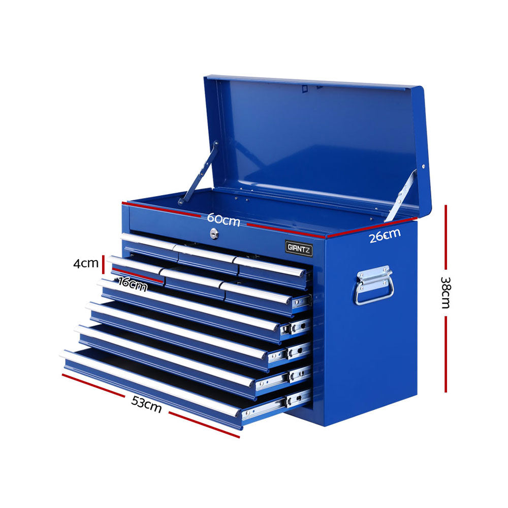 A blue, durable steel Giantz 10 Drawer Tool Box Cabinet Chest Toolbox Storage Garage Organiser Blue features multiple open drawers with ball-bearing slides. The chest includes a lock in the center, carrying handles on each side, and prominently displays the brand name "GIANTZ" on the front. The lid is open, revealing additional storage space.