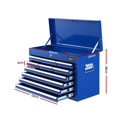 A blue, durable steel Giantz 10 Drawer Tool Box Cabinet Chest Toolbox Storage Garage Organiser Blue features multiple open drawers with ball-bearing slides. The chest includes a lock in the center, carrying handles on each side, and prominently displays the brand name "GIANTZ" on the front. The lid is open, revealing additional storage space.