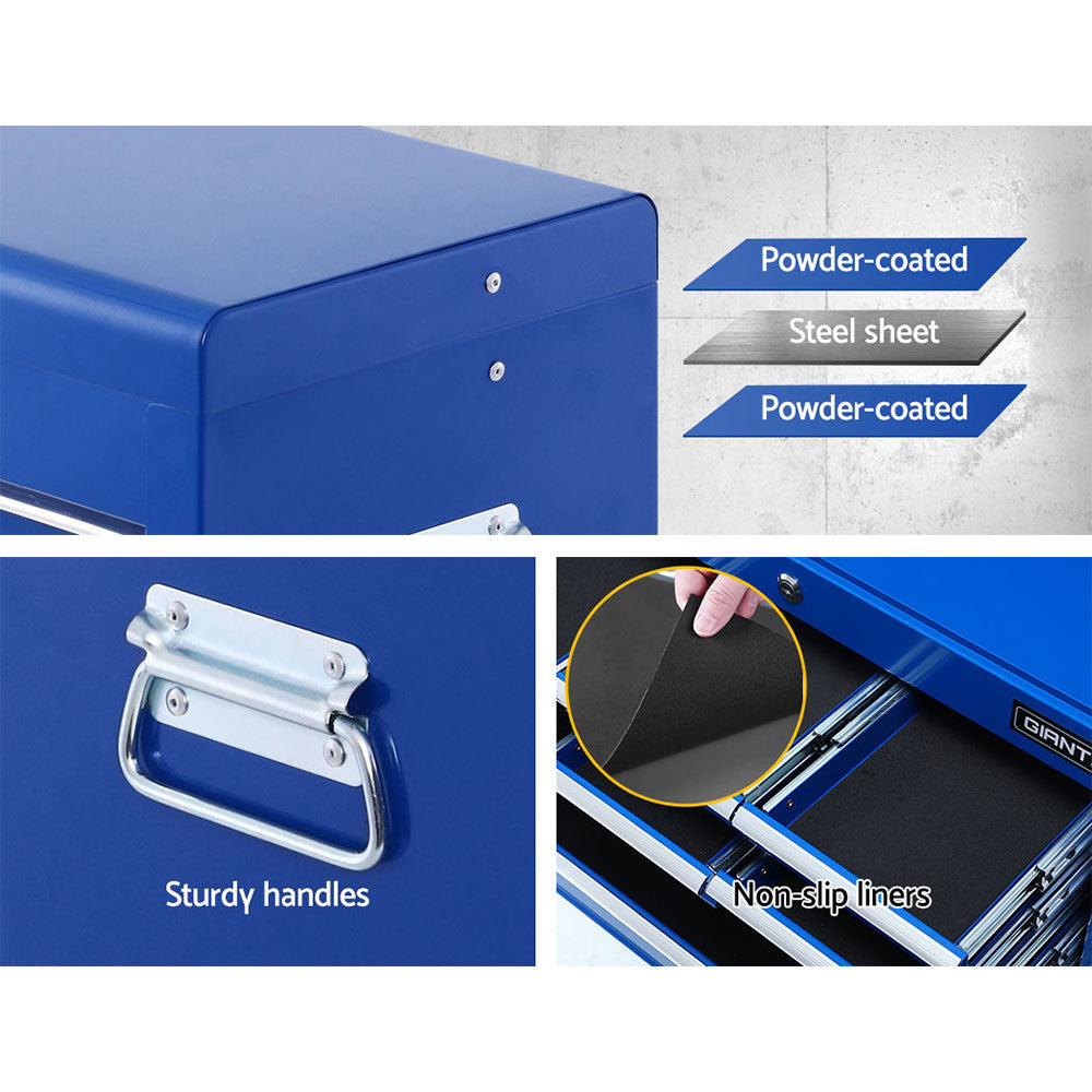 A blue, durable steel Giantz 10 Drawer Tool Box Cabinet Chest Toolbox Storage Garage Organiser Blue features multiple open drawers with ball-bearing slides. The chest includes a lock in the center, carrying handles on each side, and prominently displays the brand name "GIANTZ" on the front. The lid is open, revealing additional storage space.