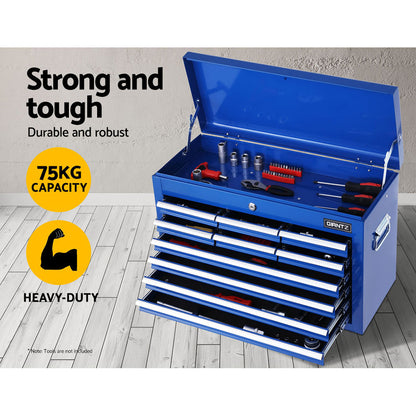 A blue, durable steel Giantz 10 Drawer Tool Box Cabinet Chest Toolbox Storage Garage Organiser Blue features multiple open drawers with ball-bearing slides. The chest includes a lock in the center, carrying handles on each side, and prominently displays the brand name "GIANTZ" on the front. The lid is open, revealing additional storage space.