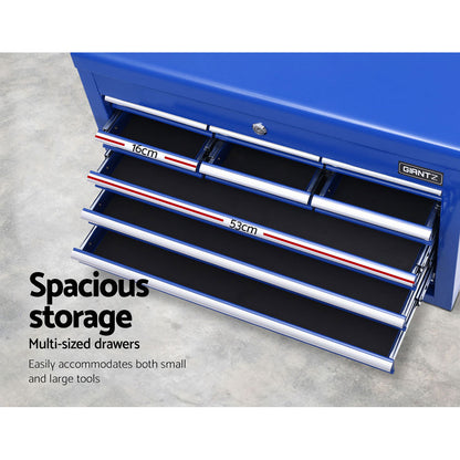 The Giantz 10 Drawer Tool Box Cabinet Chest Toolbox Storage Garage Organiser Blue, made of durable steel, is a blue lockable tool chest with the lid open and several drawers partially pulled out. It features seven drawers of varying heights, side handles for carrying, and a central locking mechanism. The brand name "GIANTZ" is visible on the front.