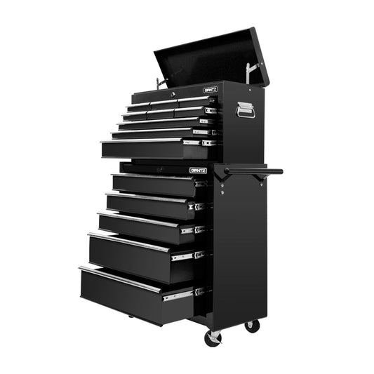 A tall, black, multi-drawer Giantz 14 Drawer Tool Box Cabinet Chest Mechanic Garage Storage Trolley Black with a lockable chest on top. The upper chest has several differently sized drawers with ball-bearing slides and handles on the sides. The lower rolling cabinet has larger drawers, two wheels for mobility, and a lid that is open.