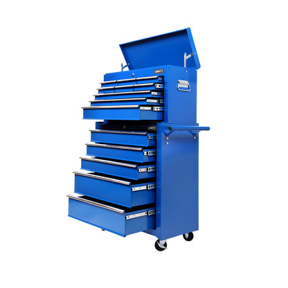 A tall blue Giantz 14 Drawer Tool Box Cabinet Chest Mechanic Garage Storage Trolley Blue made of durable steel, featuring lockable drawers and multiple compartments. The top compartment is open, revealing extra storage space. With wheels for mobility and a side handle, the tool chest is positioned against a white background.