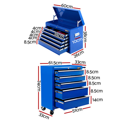 A tall blue Giantz 14 Drawer Tool Box Cabinet Chest Mechanic Garage Storage Trolley Blue made of durable steel, featuring lockable drawers and multiple compartments. The top compartment is open, revealing extra storage space. With wheels for mobility and a side handle, the tool chest is positioned against a white background.