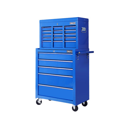 A tall blue Giantz 14 Drawer Tool Box Cabinet Chest Mechanic Garage Storage Trolley Blue made of durable steel, featuring lockable drawers and multiple compartments. The top compartment is open, revealing extra storage space. With wheels for mobility and a side handle, the tool chest is positioned against a white background.