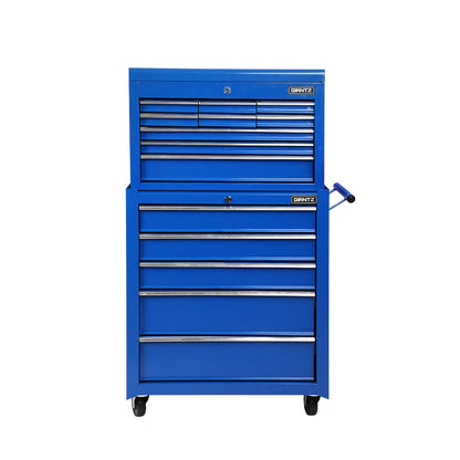 A tall blue Giantz 14 Drawer Tool Box Cabinet Chest Mechanic Garage Storage Trolley Blue made of durable steel, featuring lockable drawers and multiple compartments. The top compartment is open, revealing extra storage space. With wheels for mobility and a side handle, the tool chest is positioned against a white background.