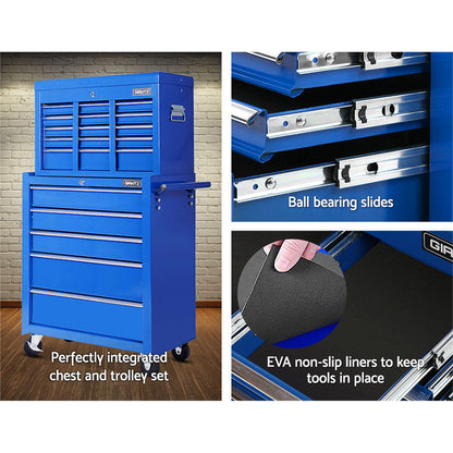 A tall blue Giantz 14 Drawer Tool Box Cabinet Chest Mechanic Garage Storage Trolley Blue made of durable steel, featuring lockable drawers and multiple compartments. The top compartment is open, revealing extra storage space. With wheels for mobility and a side handle, the tool chest is positioned against a white background.