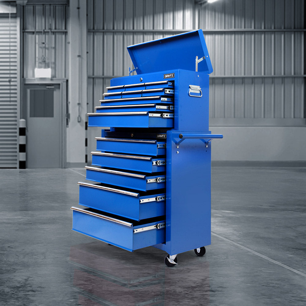 A tall blue Giantz 14 Drawer Tool Box Cabinet Chest Mechanic Garage Storage Trolley Blue made of durable steel, featuring lockable drawers and multiple compartments. The top compartment is open, revealing extra storage space. With wheels for mobility and a side handle, the tool chest is positioned against a white background.