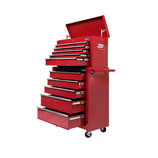 A red Giantz 14 Drawer Tool Box Cabinet Chest Mechanic Garage Storage Trolley on wheels with multiple drawers and compartments open, revealing generous storage spaces. The durable steel chest includes side handles, lockable drawers, and a latch on the top compartment. Some drawers are fully extended, displaying their smooth sliding mechanism.