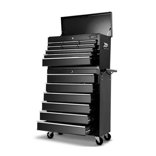 A durable steel Giantz 15 Drawer Tool Box Cabinet Chest Trolley Toolbox Garage Storage Box stands upright with its top compartment lid open. This multi-drawer chest features ball-bearing slides for smooth operation and is mounted on wheels for effortless mobility. A side handle further facilitates movement.