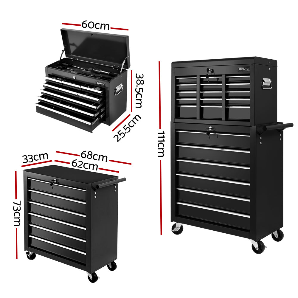 A durable steel Giantz 15 Drawer Tool Box Cabinet Chest Trolley Toolbox Garage Storage Box stands upright with its top compartment lid open. This multi-drawer chest features ball-bearing slides for smooth operation and is mounted on wheels for effortless mobility. A side handle further facilitates movement.