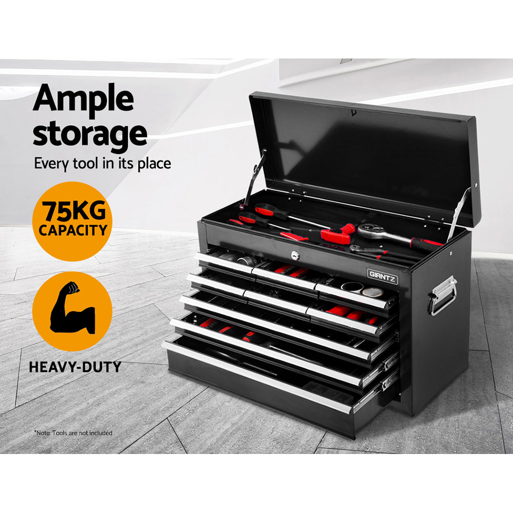 A durable steel Giantz 15 Drawer Tool Box Cabinet Chest Trolley Toolbox Garage Storage Box stands upright with its top compartment lid open. This multi-drawer chest features ball-bearing slides for smooth operation and is mounted on wheels for effortless mobility. A side handle further facilitates movement.